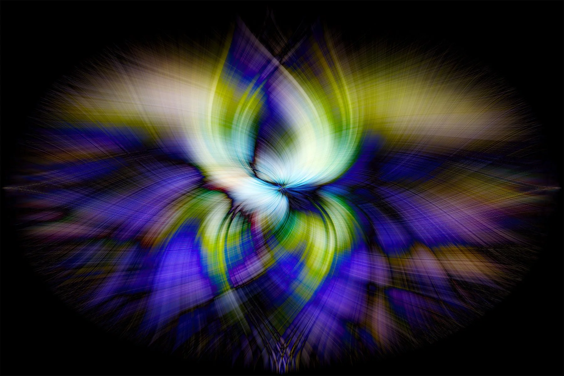 Abstract image with colorful swirling pattern in blue, green, and yellow on black background.