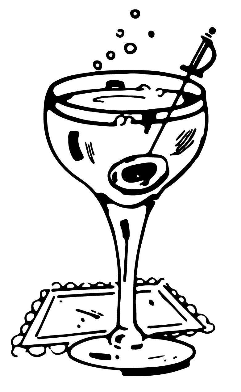 A vintage-inspired illustration of an effervescent martini with an olive served over a lace napkin.