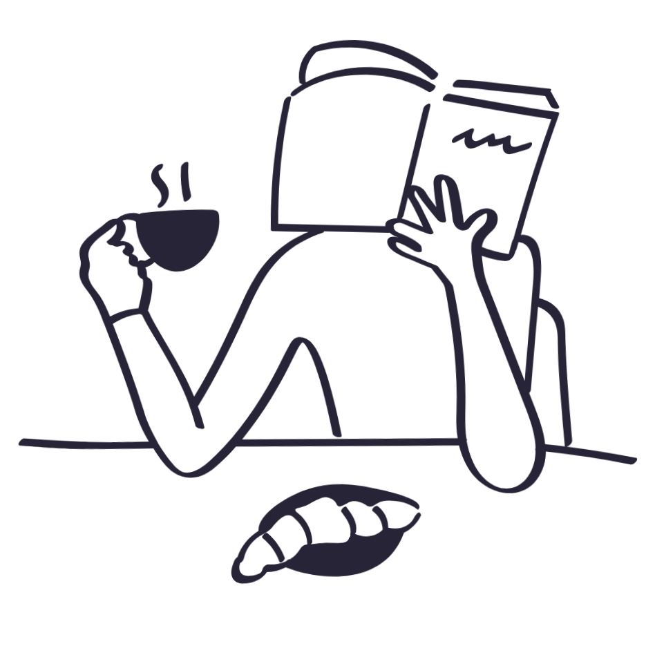 A line illustration of a woman holding a book in front of her face with one hand and a steaming cup of coffee in another. On the table in front of her is a croissant on a plate.