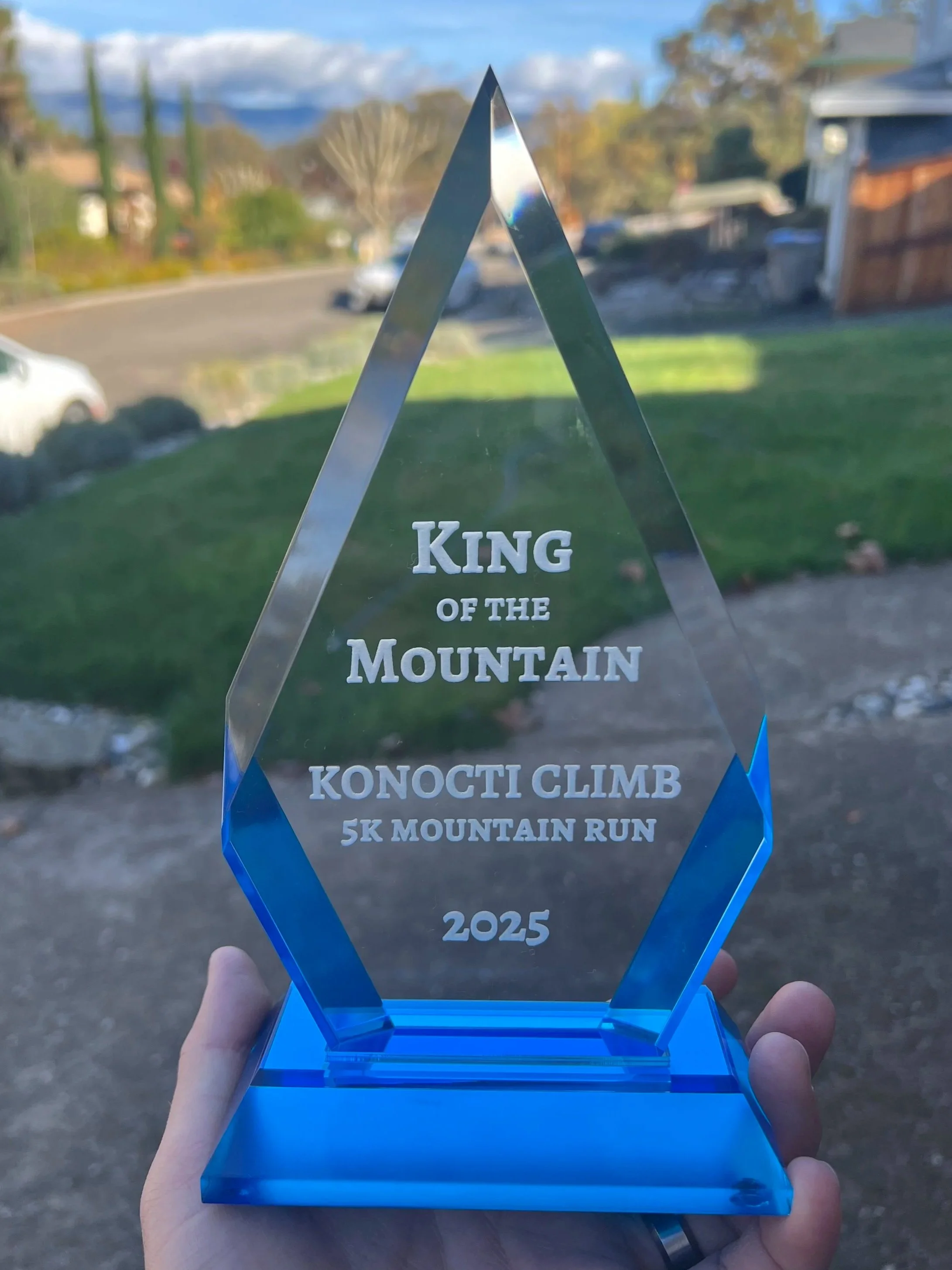 A clear blue crystal trophy with engraved text, held outdoors during daytime. The background shows a grassy yard, a street with parked cars, trees, and houses under a partly cloudy sky.