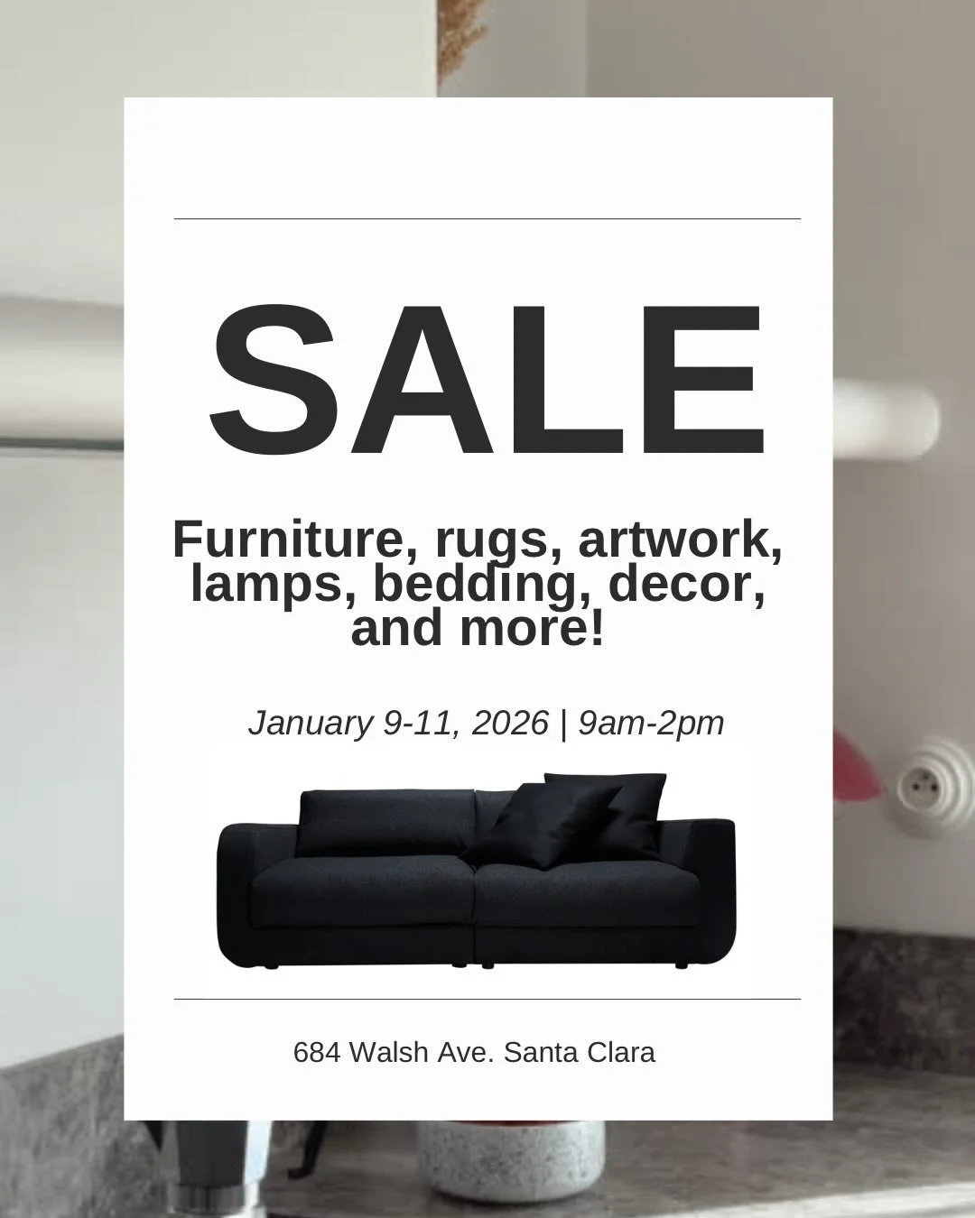 🏠 Shop our warehouse this weekend January 9-11, 2026! Furniture, art work, rugs, decor, throw pillows, faux plants, bedding, dishes and more.