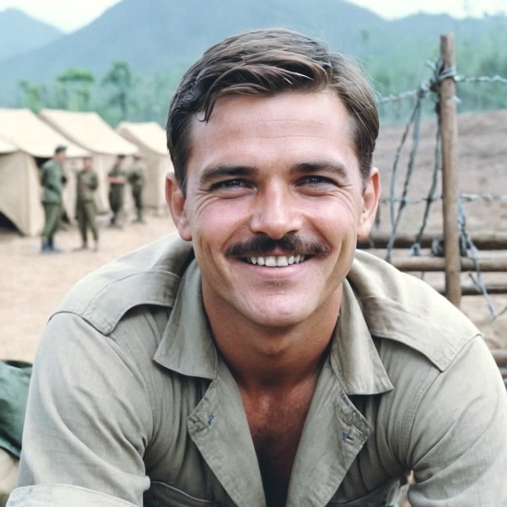 Smiling man with a mustache wearing a military uniform in an outdoor setting with tents and soldiers in the background.