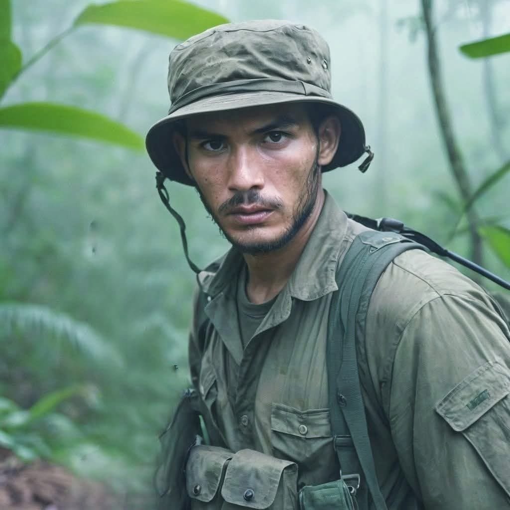 Man in military uniform and camouflage hat in a jungle setting.