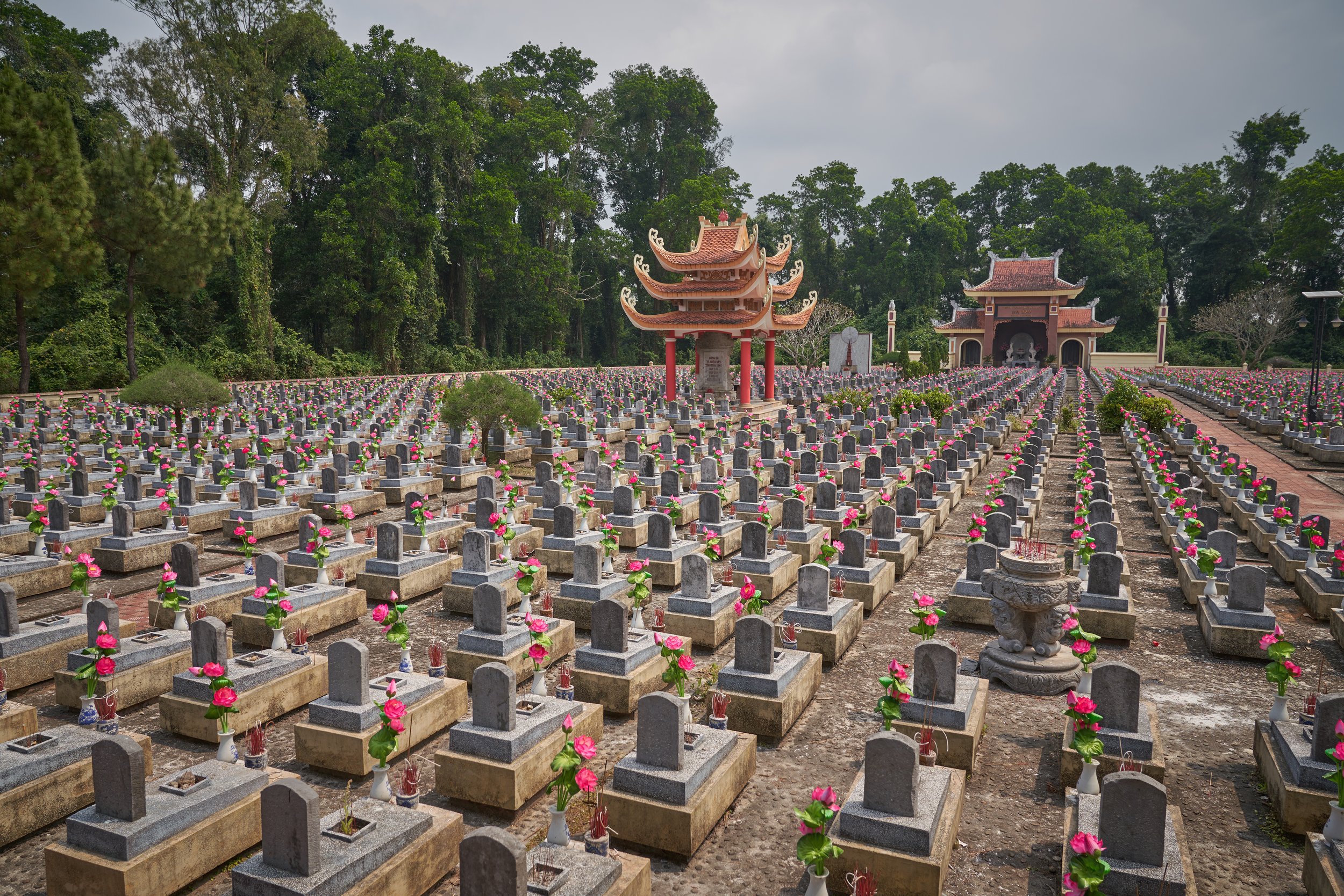 Asian cemetery with rows of gravestones adorned with pink flowers, traditional pagoda-style structures, and a backdrop of dense trees.