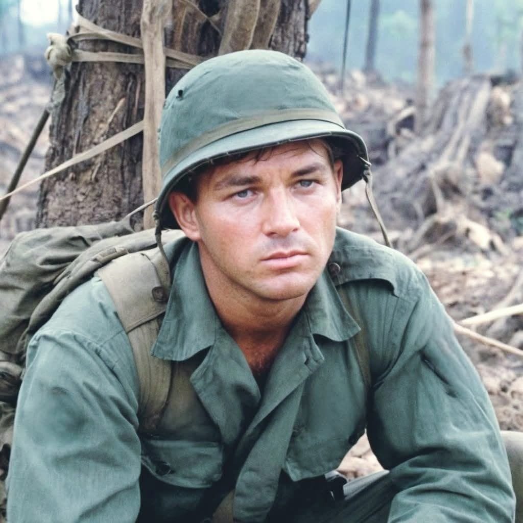 A soldier in a green military uniform and helmet sitting in a forested area, appearing serious.