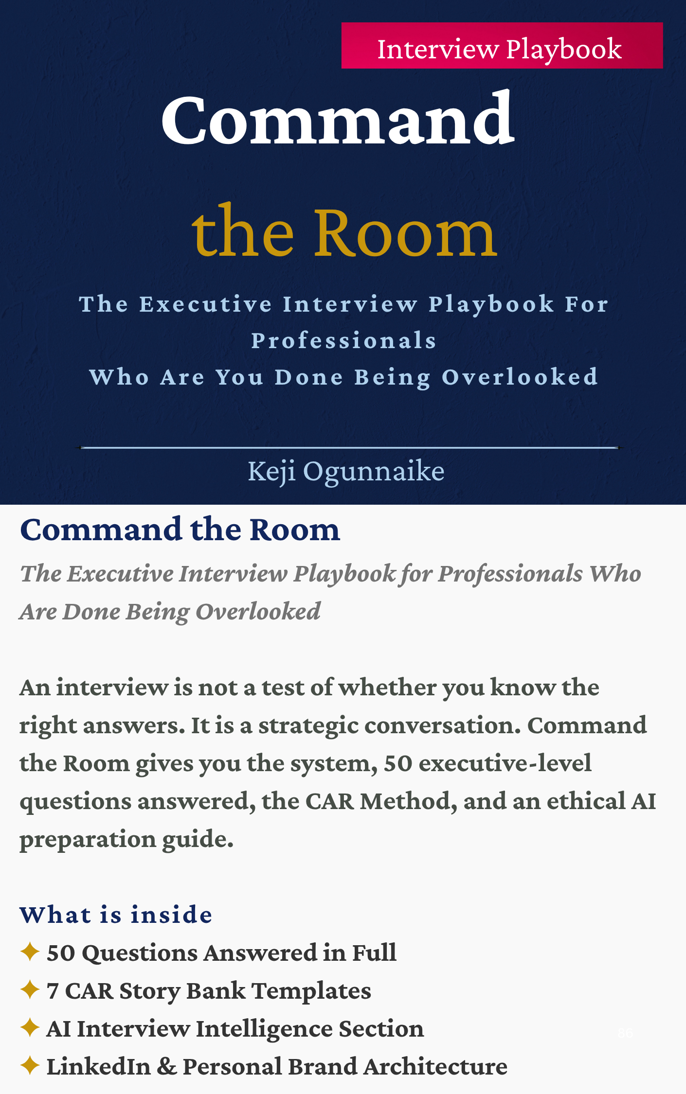 Cover of the 'Command the Room' interview playbook, with a dark blue textured background, a magenta banner with white text, and white, gold, and blue text providing information about the book's content and features.