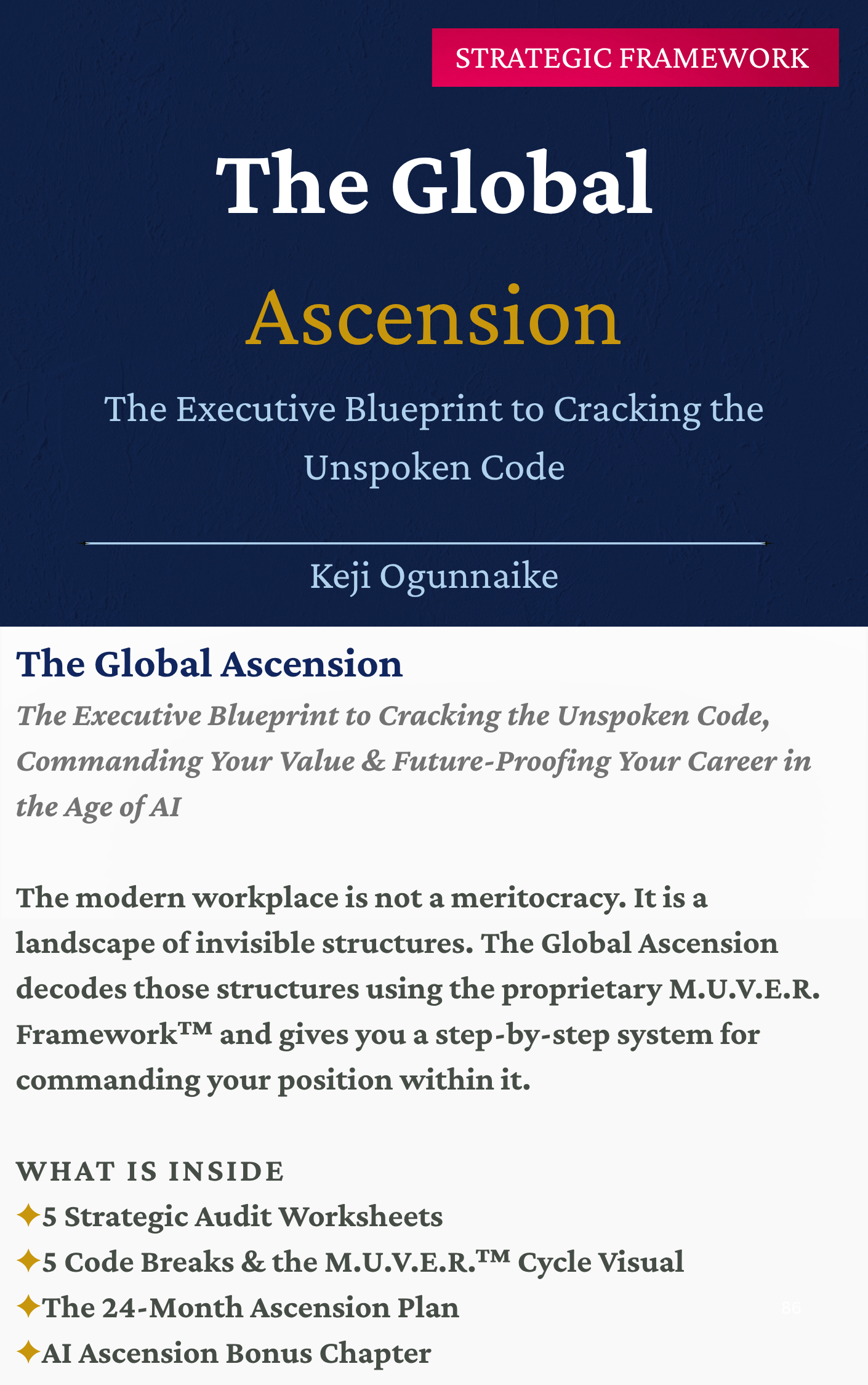 Book cover titled "The Global Ascension" by Keji Ogunnaike, with a navy blue background and white, yellow, and pink text, featuring a pink banner at the top that says "Strategic Framework."