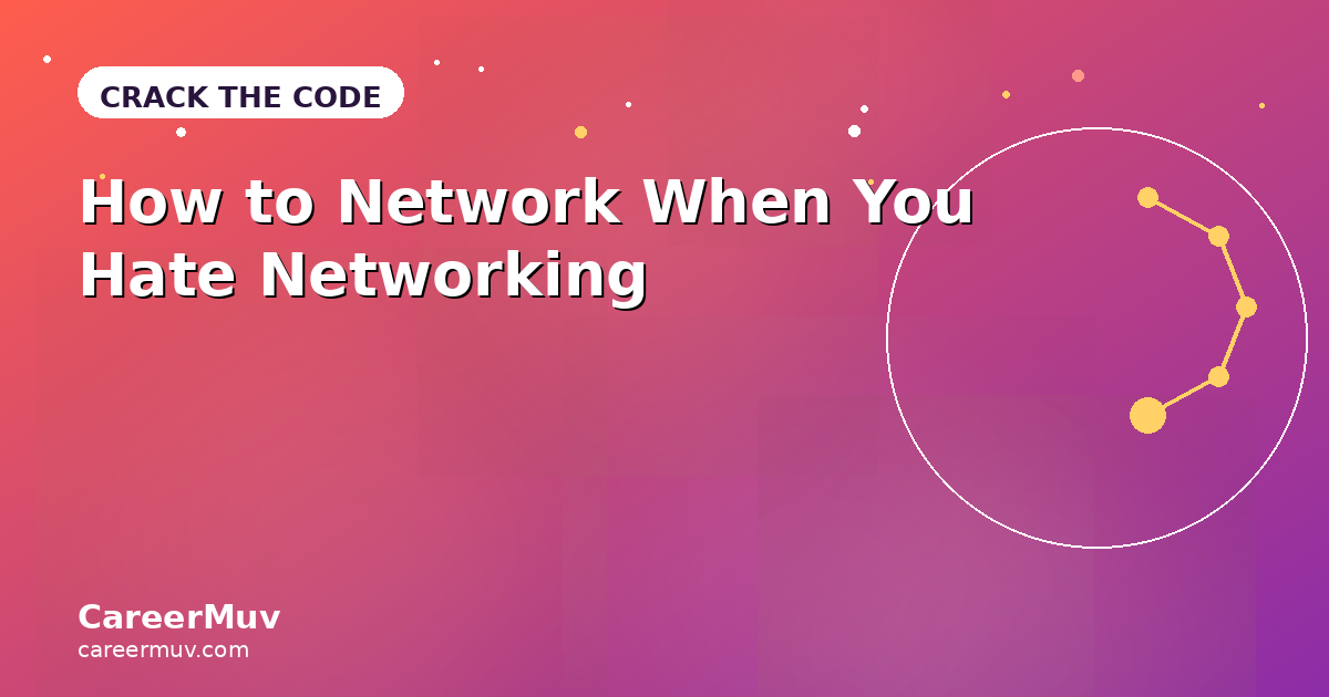 "Illustration of a coral-to-violet gradient background with a web of thin connecting lines linking small glowing circles, symbolizing a simple, genuine professional network."