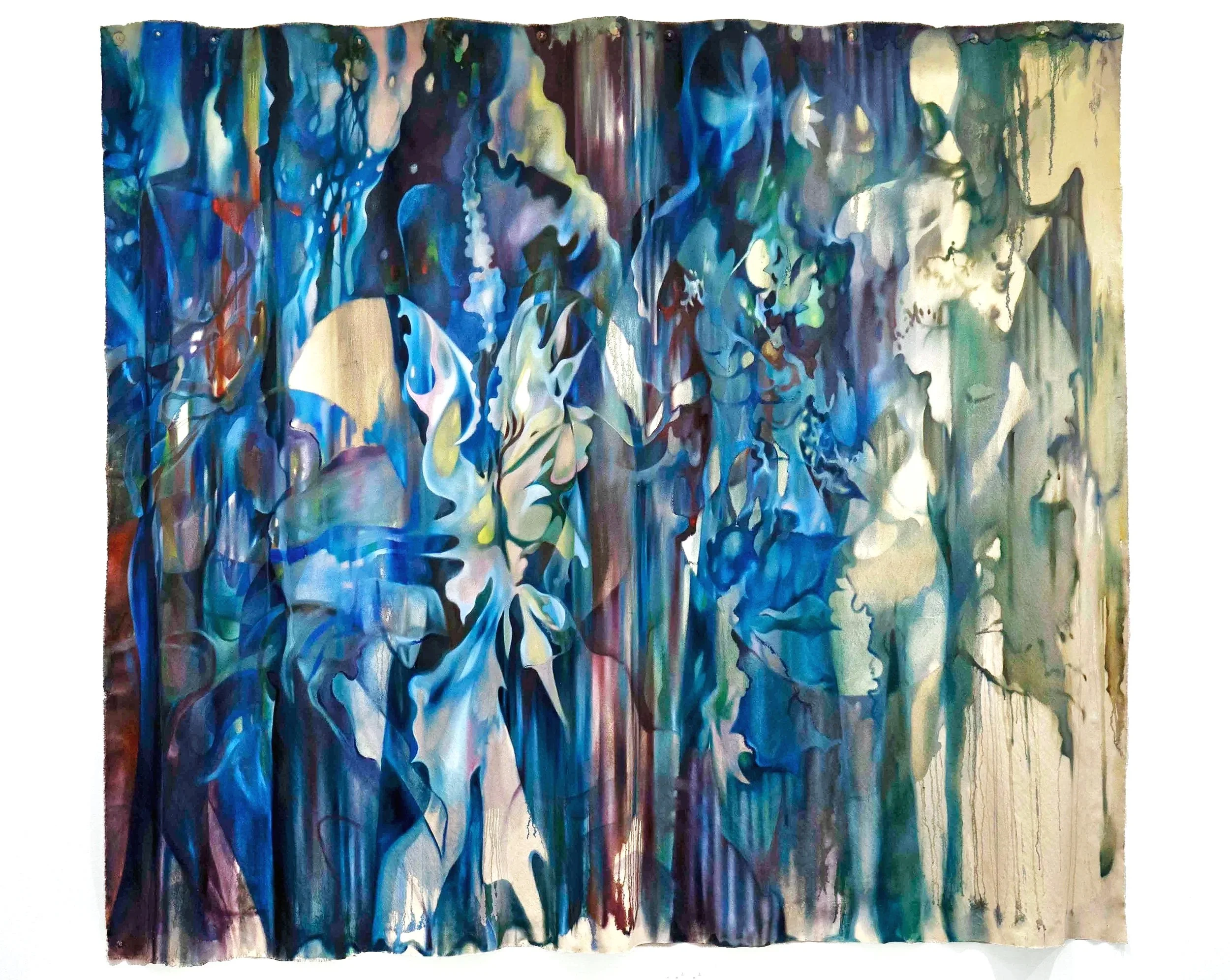 Beneath the Withering Veil (2026, oil on cotton, 86 x 91~103 " / 218 x 230~260 cm)