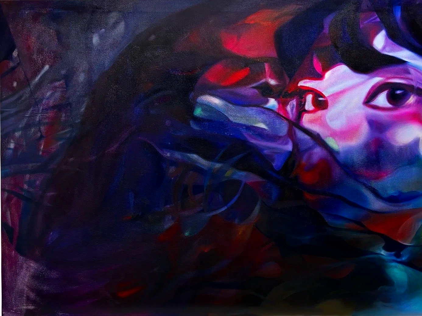 On the edge of last night (2026, oil on cotton, 36 x 48  " / 91.5 x 122 cm)