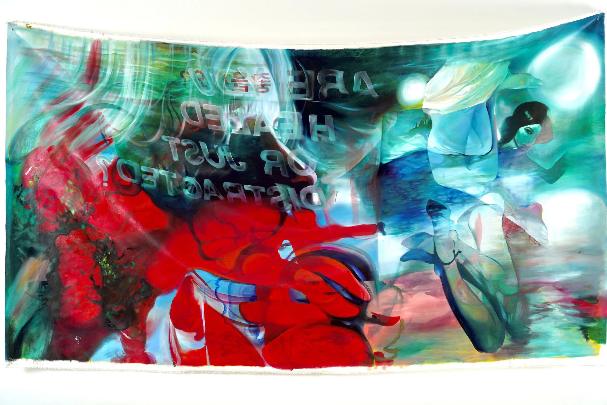 ARE YOU HEALED OR JUST DISTRACTED?
2023, oil on fabric, 55 x 98 " / 140 x 250 cm