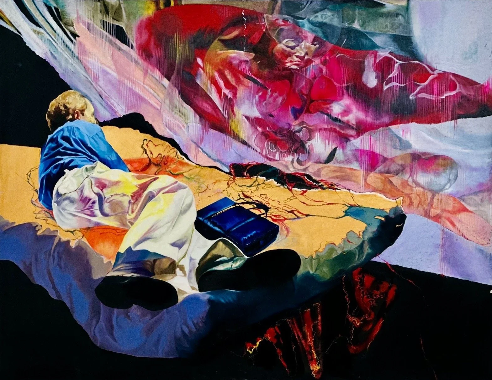 Untitled
(2023, oil, oil pastel, Hanji on panel, 57 x 44 " / 145.5 x 112 cm) 

~After Paul Sermon's Telematic Dreaming (1992)~