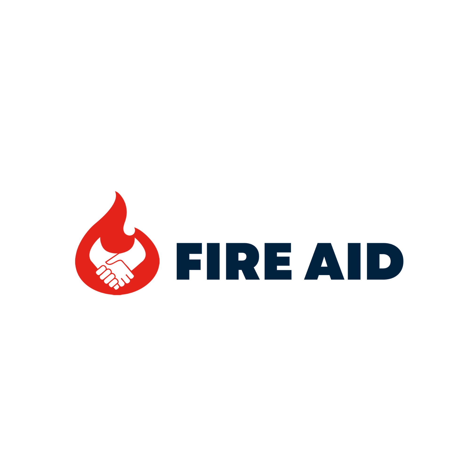 Logo for Fire Aid, an organization focused on aid and international development, featuring a red flame with a handshake inside, and the text 'FIRE AID' and 'AID AND INTERNATIONAL DEVELOPMENT' underneath.