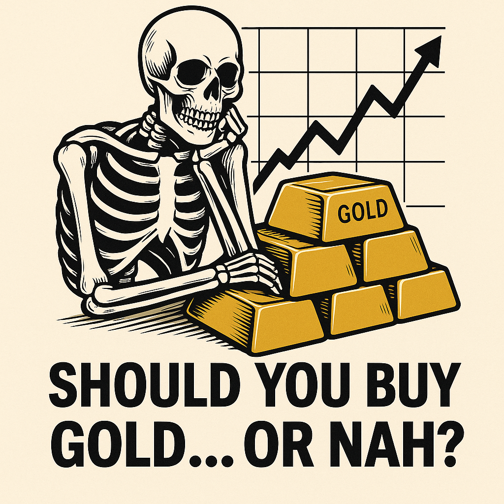 Illustration of a grinning skeleton leaning on a stack of gold bars with an upward-trending chart behind it, representing gold investment during uncertain economic times.