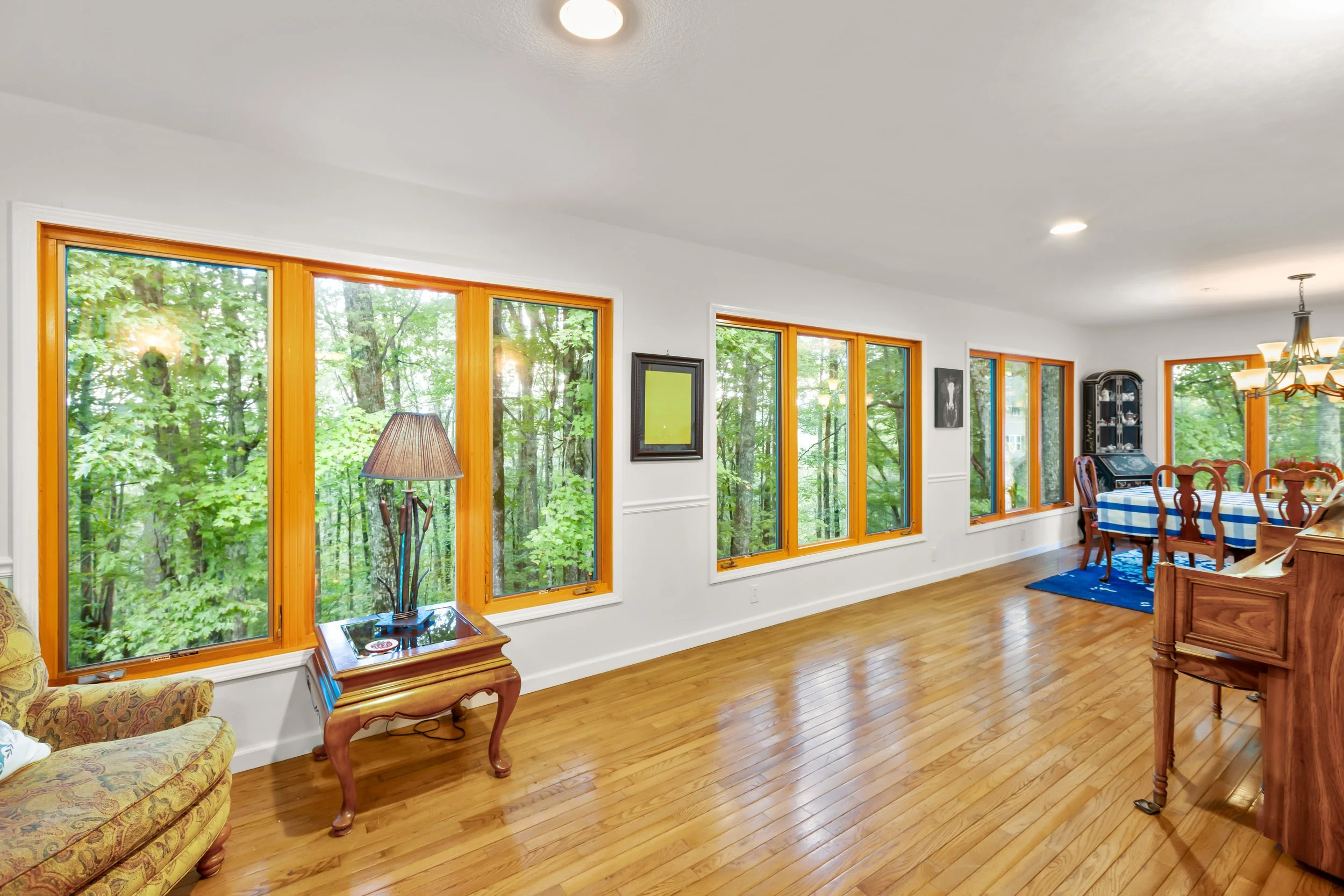 Bright living room with large windows showing green trees outside, wooden flooring, a yellow patterned armchair, a small wooden side table with a lamp, a blue and white checkered tablecloth on a dining table with chairs, a black china cabinet, and a 