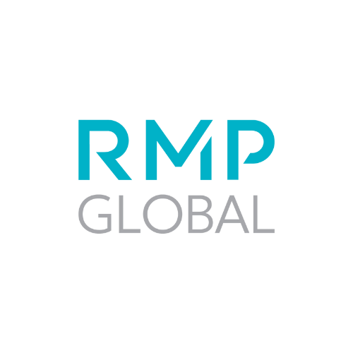 RMP Global logo with blue and gray text on a black background.