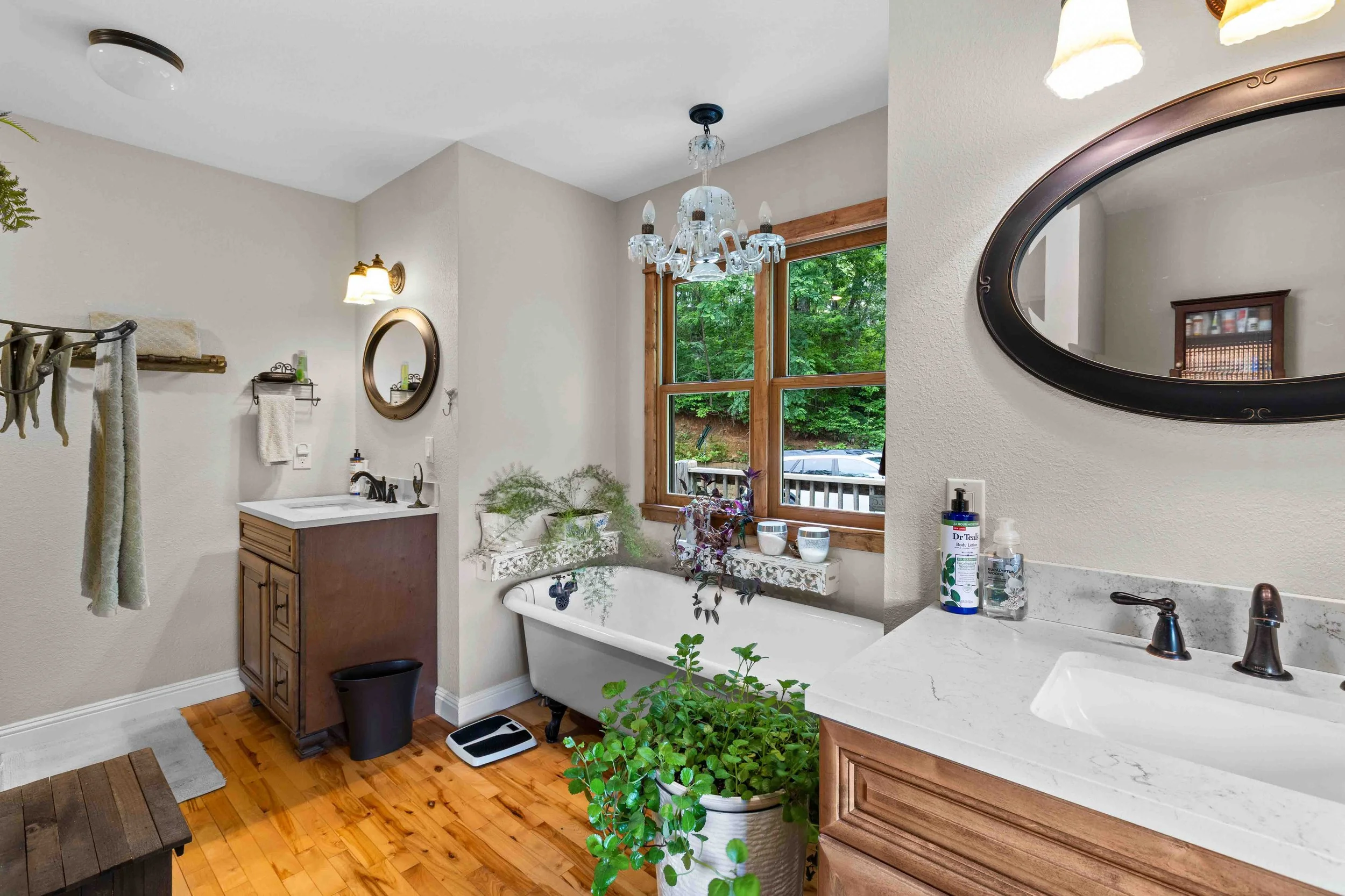 Bathroom with bathtub, vanity, mirror, window, plants, hardwood floors, and ceiling light fixture.