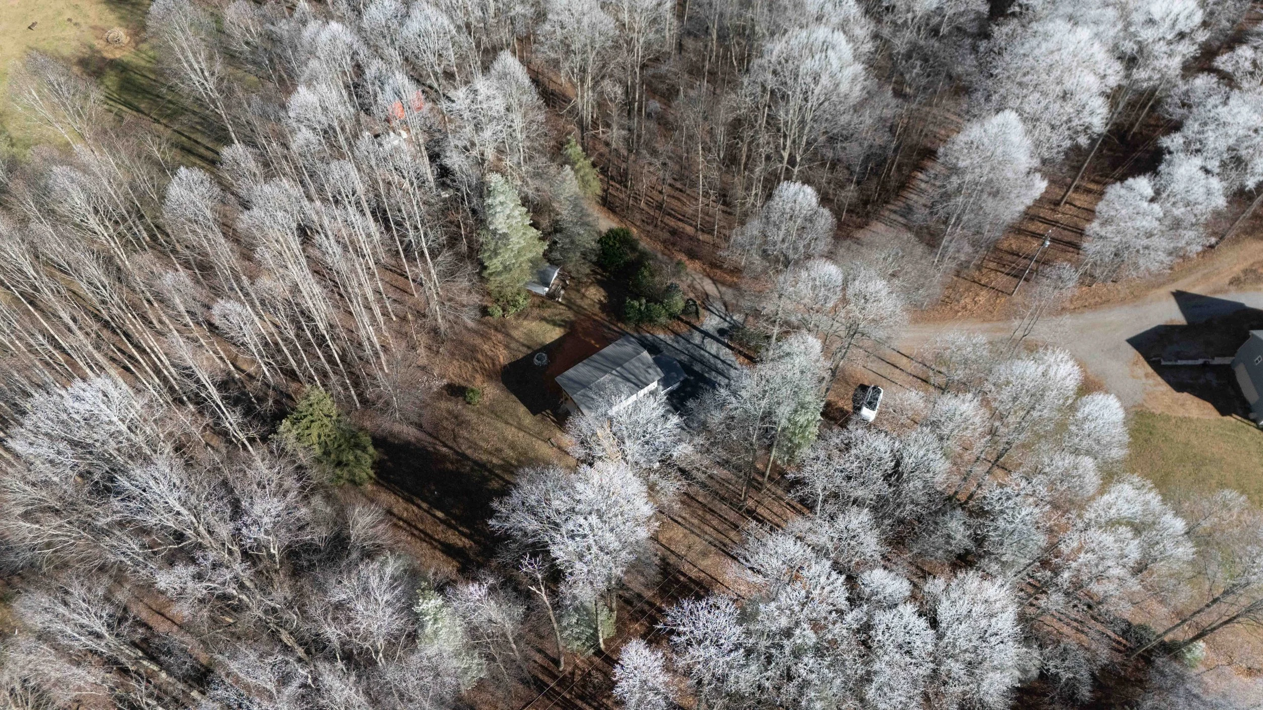 An aerial view of a wooded residential area with frosted trees, a house, and parked vehicles on a dirt driveway and surrounding roads.