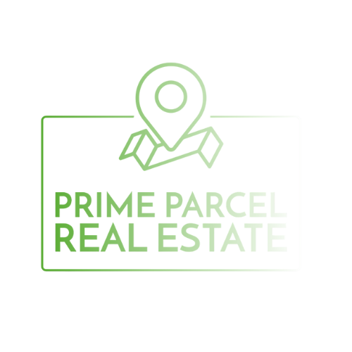 Logo for Prime Parcel Real Estate featuring a stylized house with alocation pin on top, with the company name in green and gray text.