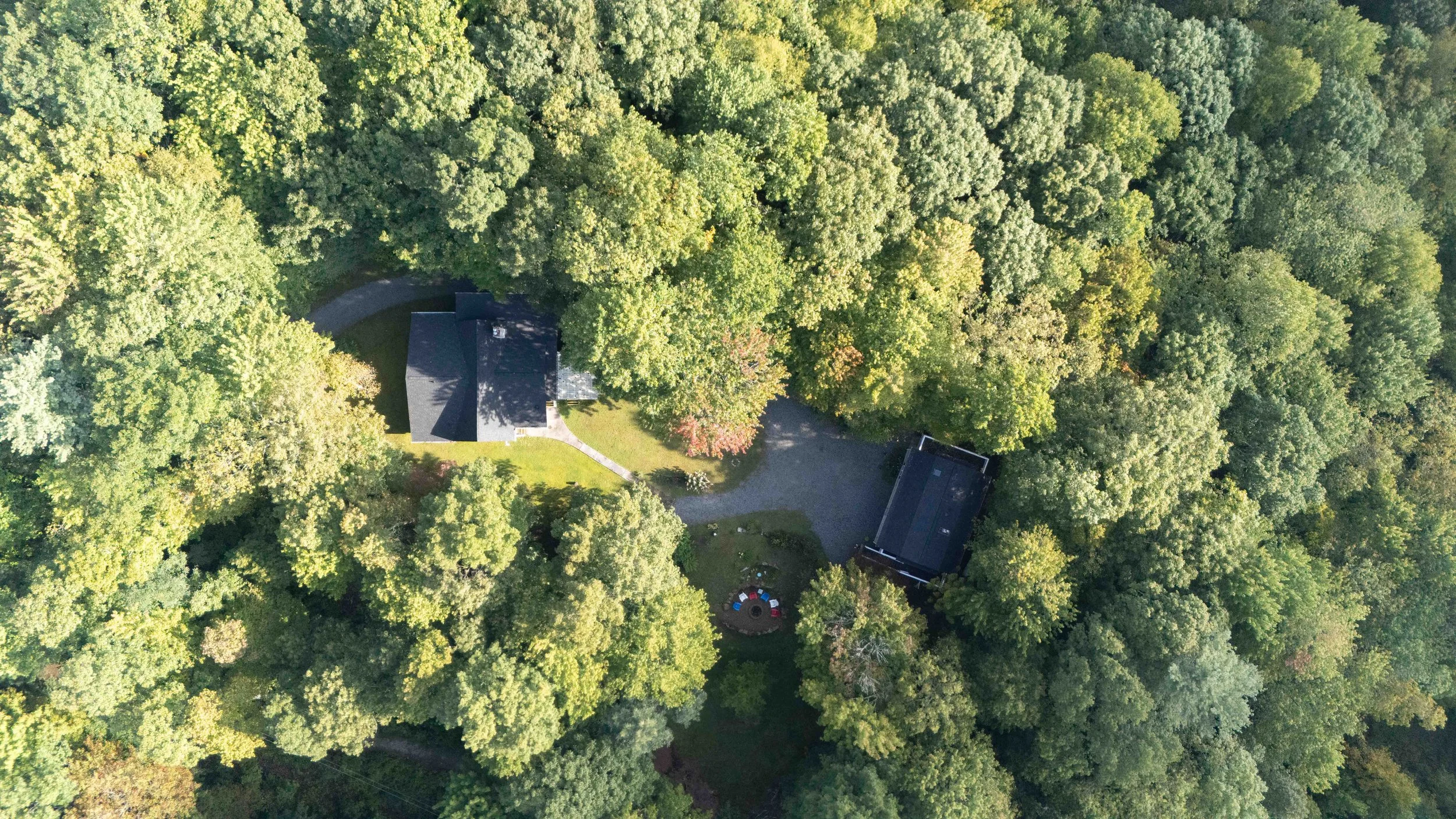 An aerial view of a wooded area with two houses and a small playground in the yard, surrounded by dense green trees.