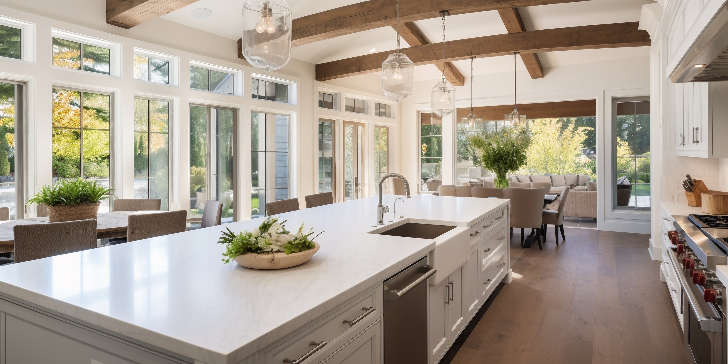 Bright kitchen with white marble island, hanging glass pendant lights, and large windows showing a sunny outdoor garden.