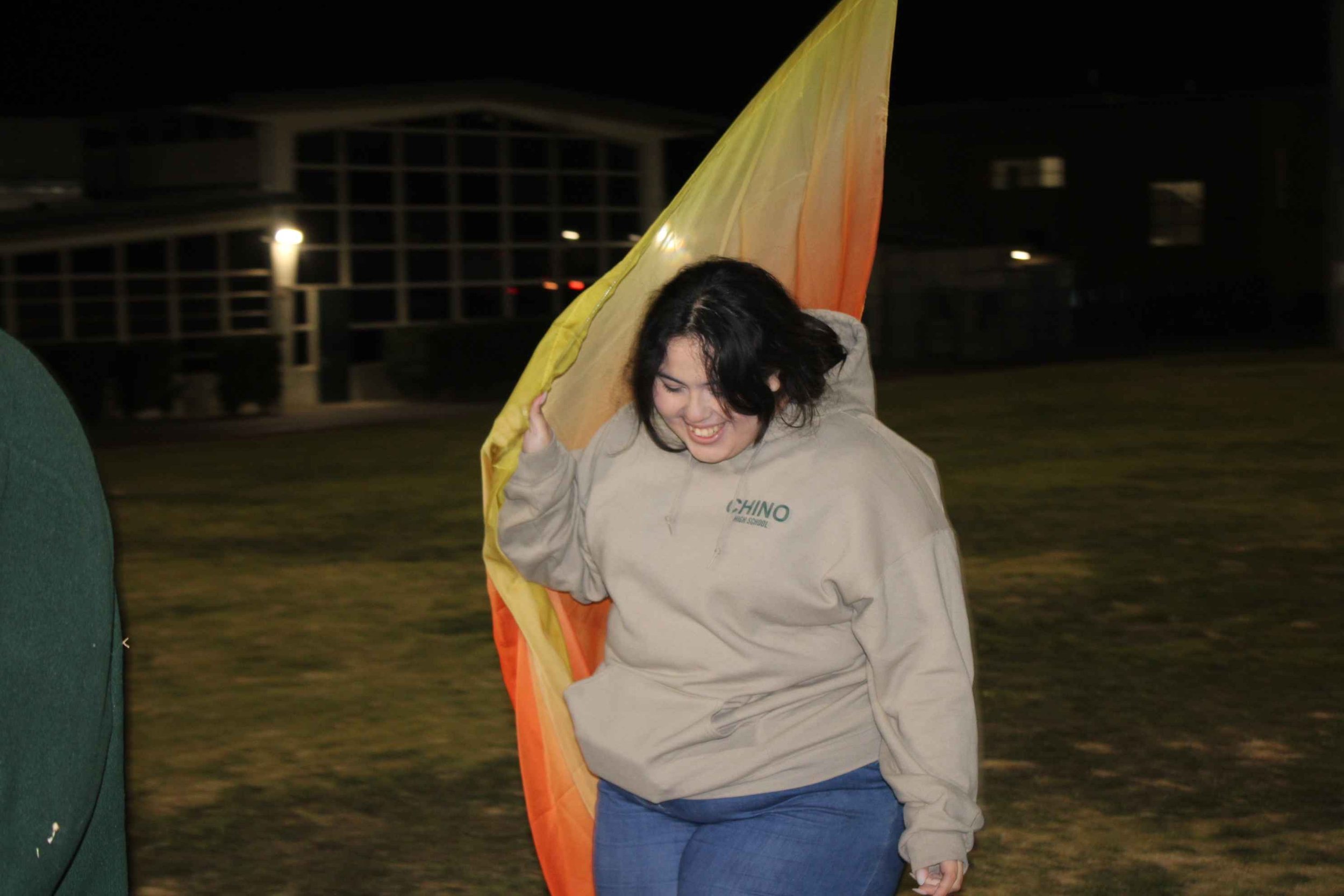 Person holding a colorful flag at night, wearing a beige hoodie and jeans, in front of a building.