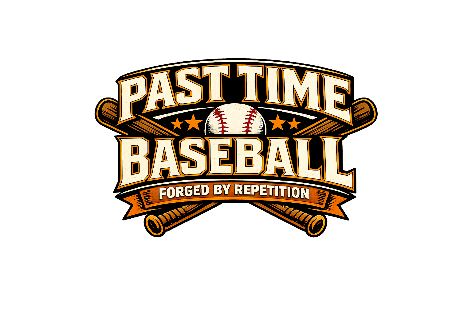 Logo for Pastime Baseball with a baseball, two crossed baseball bats, three stars, and the slogan 'Forged by Repetition'.