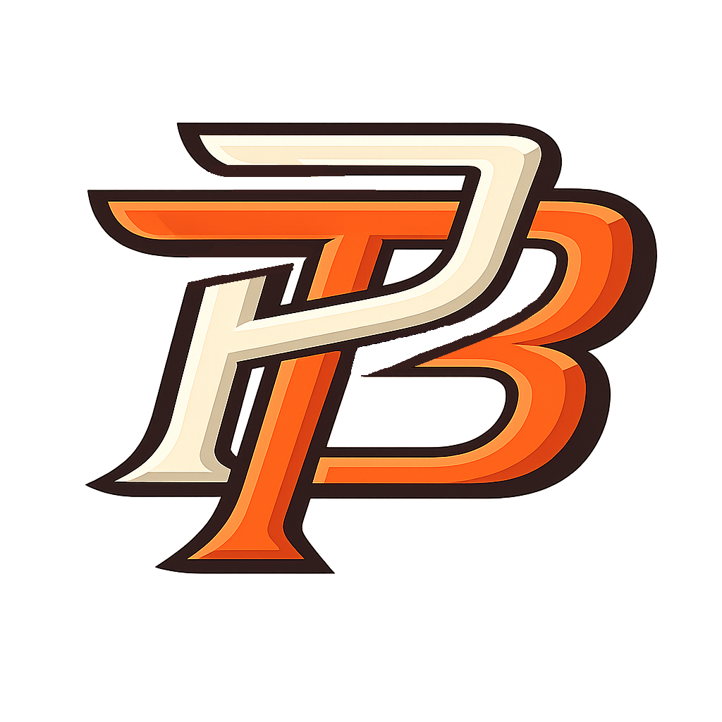 A stylized logo resembling the letters 'F' and 'B' intertwined, with a 3D effect, in shades of white, orange, and brown on a black background.