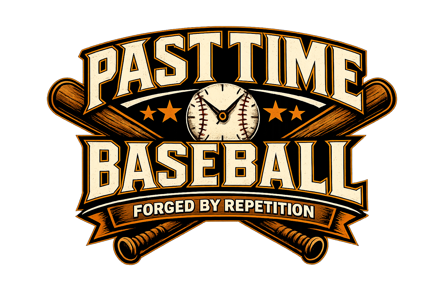 Graphic design with vintage baseball theme, showing the words "Pastime Baseball" and "Forged by Repetition" with a clock, baseball bats, and stars.