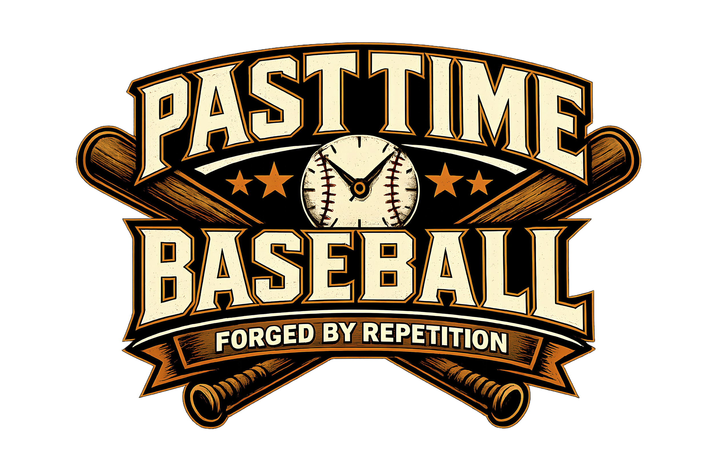 Decorative baseball logo with a clock, stars, and the text 'Pastime Baseball' and 'Forged by Repetition' in vintage style.