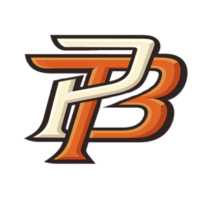 Logo with stylized letters P and B in cream, orange, and green colors.