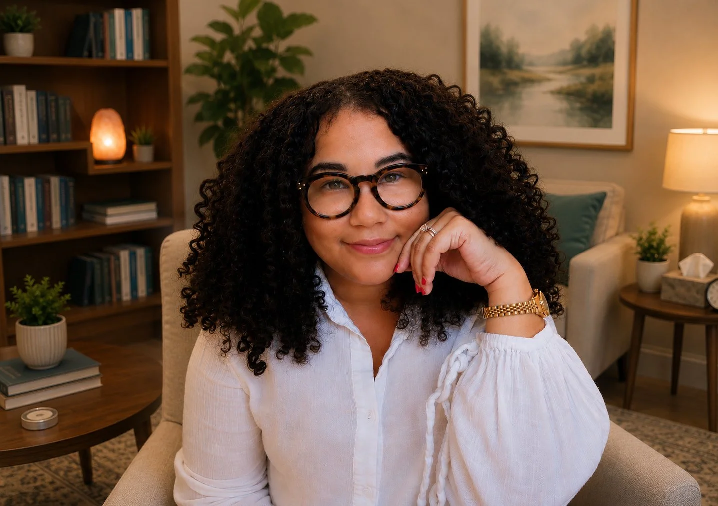 A woman psychologist with curly black hair, glasses, and a white blouse sitting in a cozy living room, smiling at the camera.