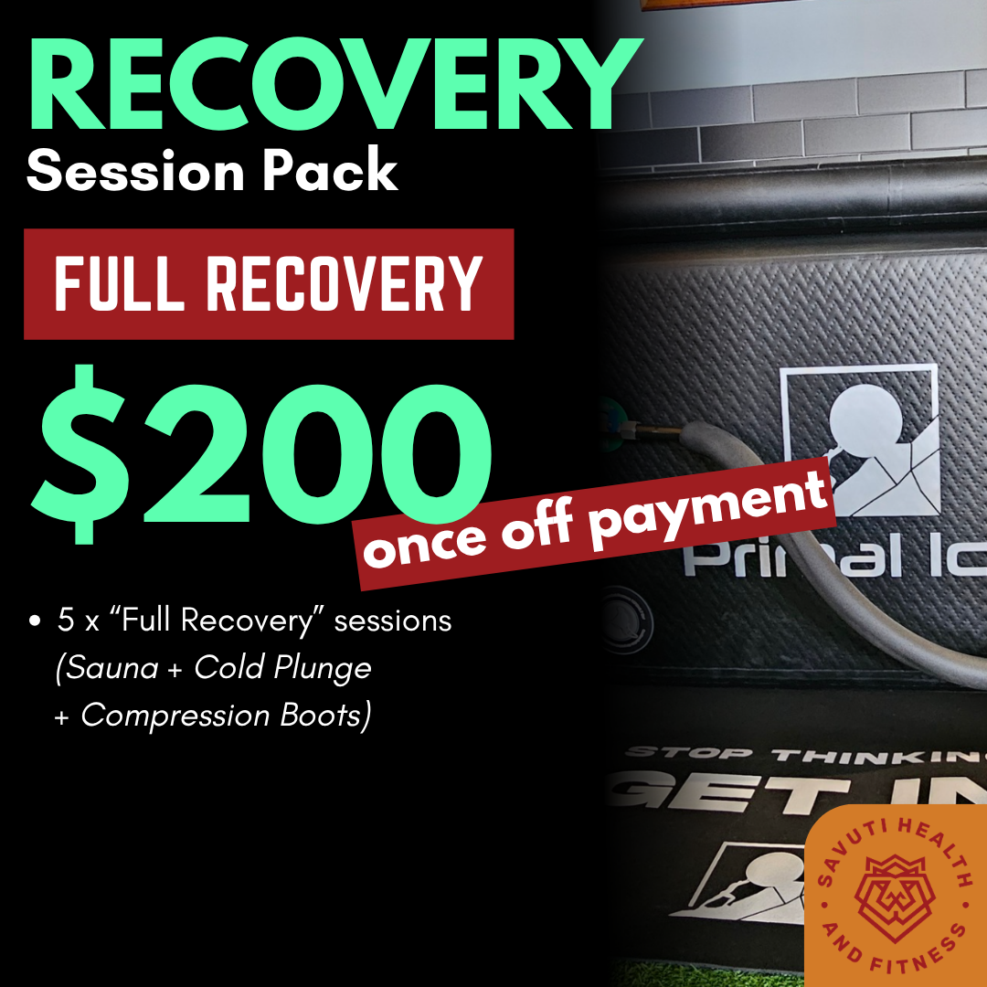 Promotional flyer for a recovery session pack. It offers five full recovery sessions including sauna, cold plunge, and compression boots for $200 with a one-time payment. The flyer is branded with Sauluti Health and Fitness logo in the bottom right corner.