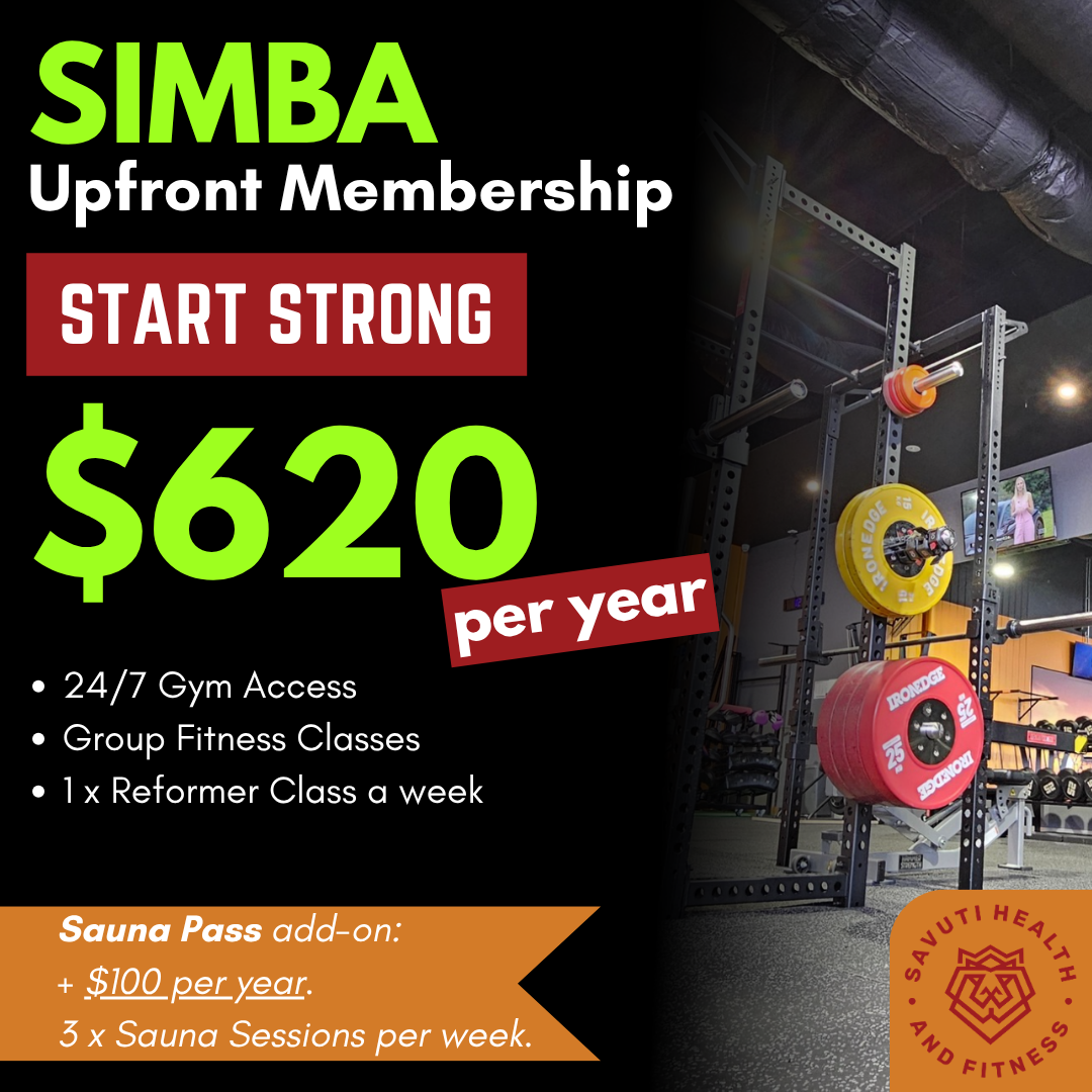 Flyer advertising Simba Upfront Membership for $620 per year, with features like 24/7 gym access, group fitness classes, and one Reformer class weekly. Promotes sauna pass add-on for an additional $100 per year and three sauna sessions weekly. Background shows gym equipment with weights and racks.