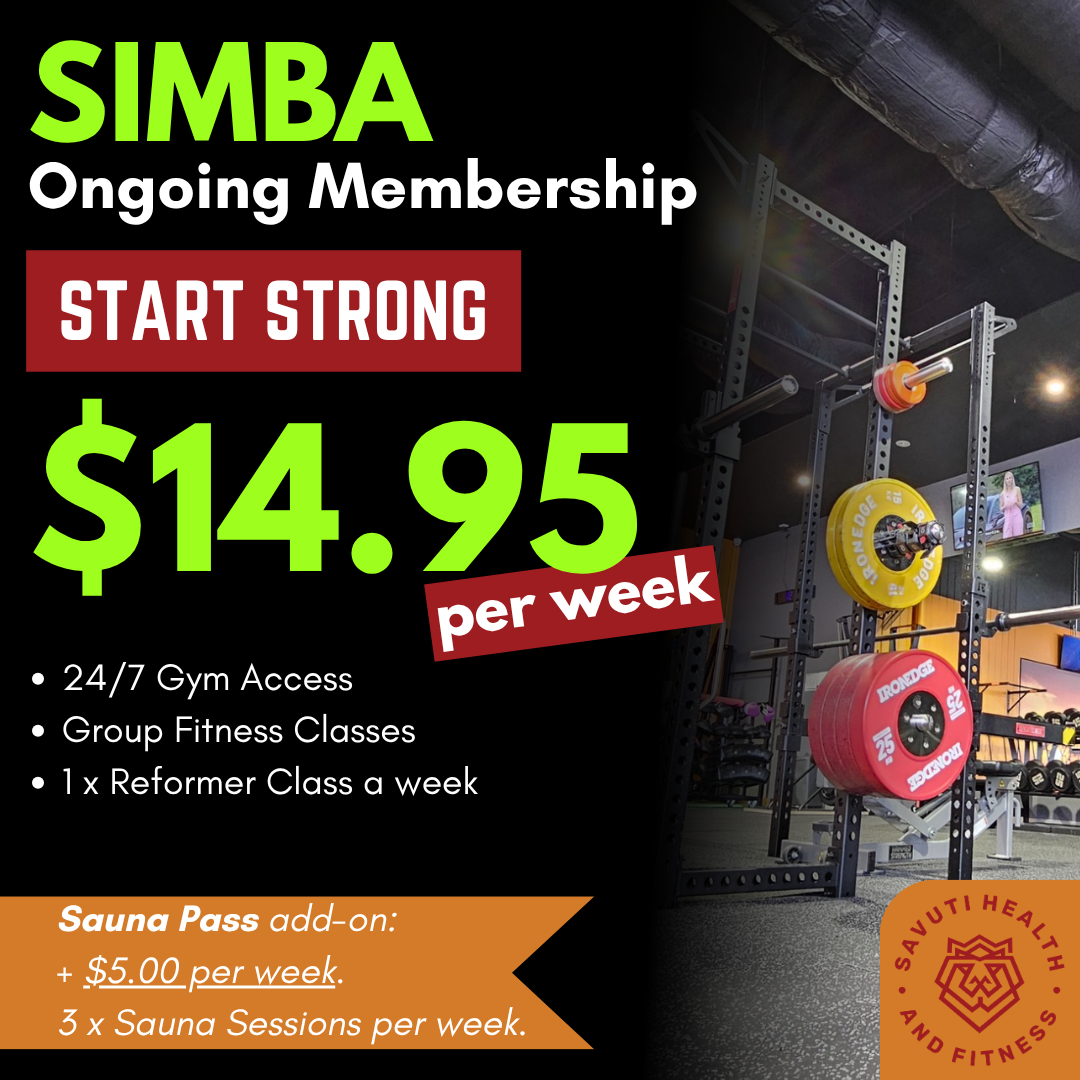 A promotional poster for SIMBA ongoing gym membership, priced at $14.95 per week, with details about gym access, group fitness classes, and sauna pass options, alongside a gym interior with weightlifting equipment including barbells and weight plates.