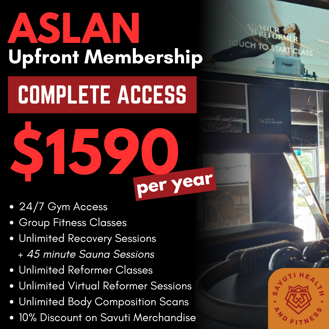 Advertisement for ASLAN Upfront Membership with complete access for $1590 per year, featuring 24/7 gym access, group fitness classes, unlimited recovery, sauna sessions, reformer classes, virtual sessions, body scans, and a merchandise discount. Image includes a partially visible gym interior and logo.