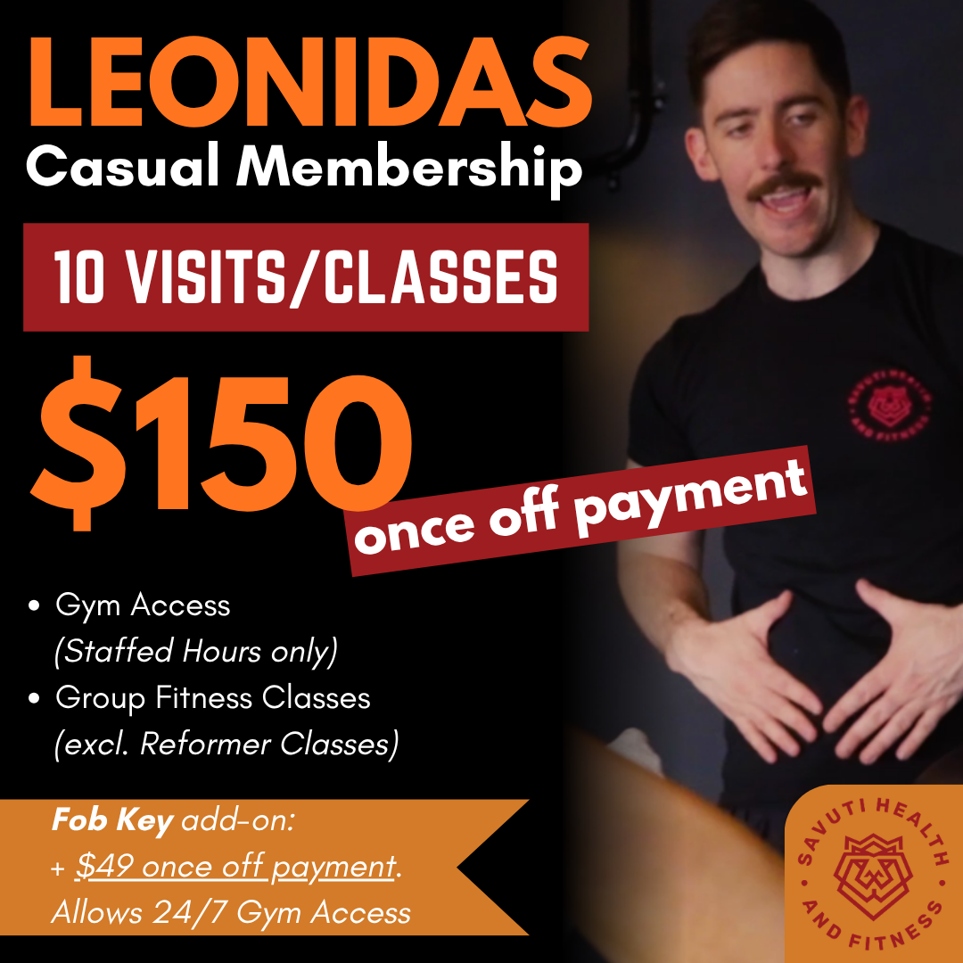 Advertisement for Leonidas Casual Membership offering 10 visits or classes for $150, with a discount code for a $49 add-on, including gym access and group fitness classes.