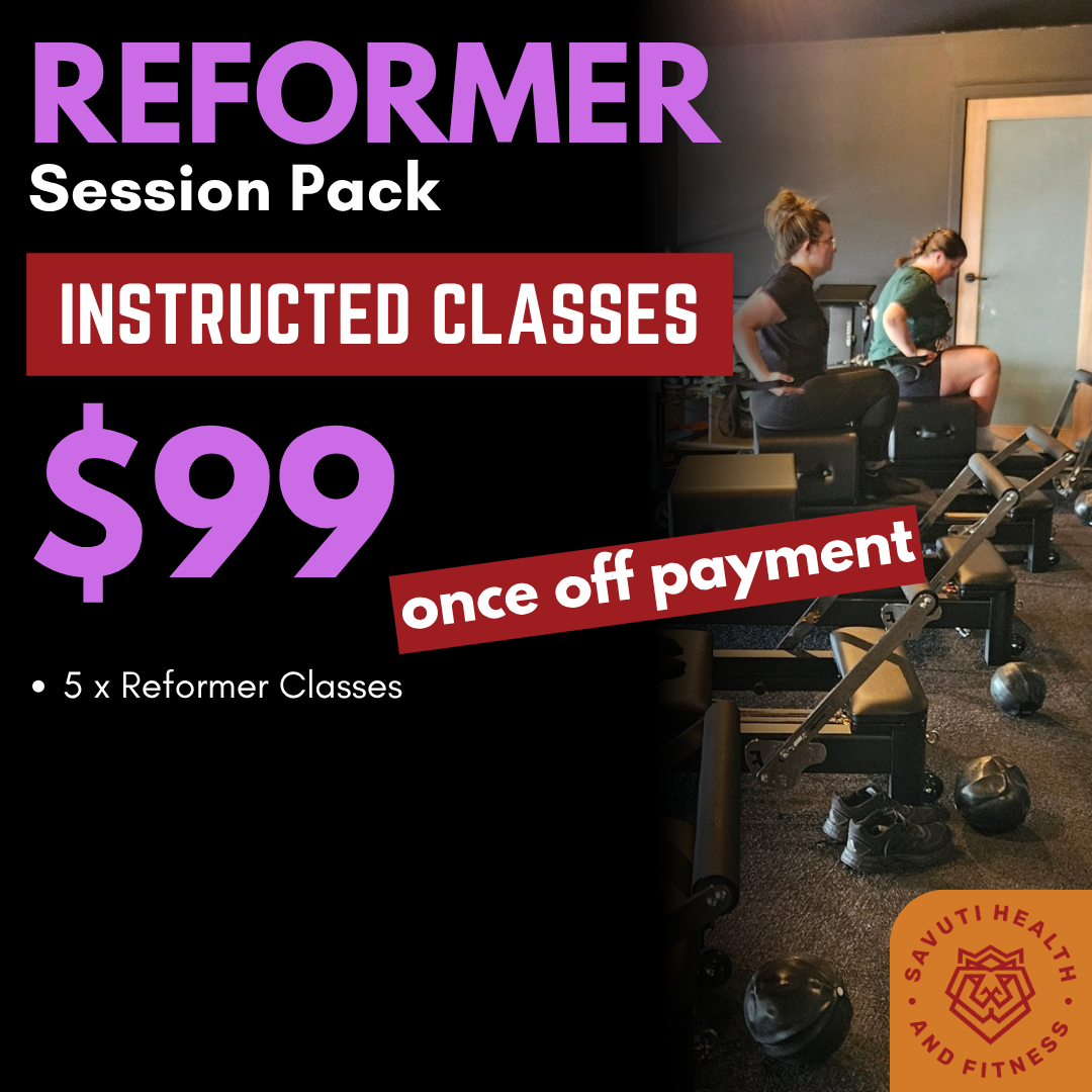 A promotional poster for Reformer Pilates classes, priced at $99 for five classes with a one-time payment. The background shows a Pilates studio with two women sitting on Pilates reformer machines. The poster has bold purple, white, and red text on a black background with the logo of Sauuti Health and Fitness in the lower right corner.