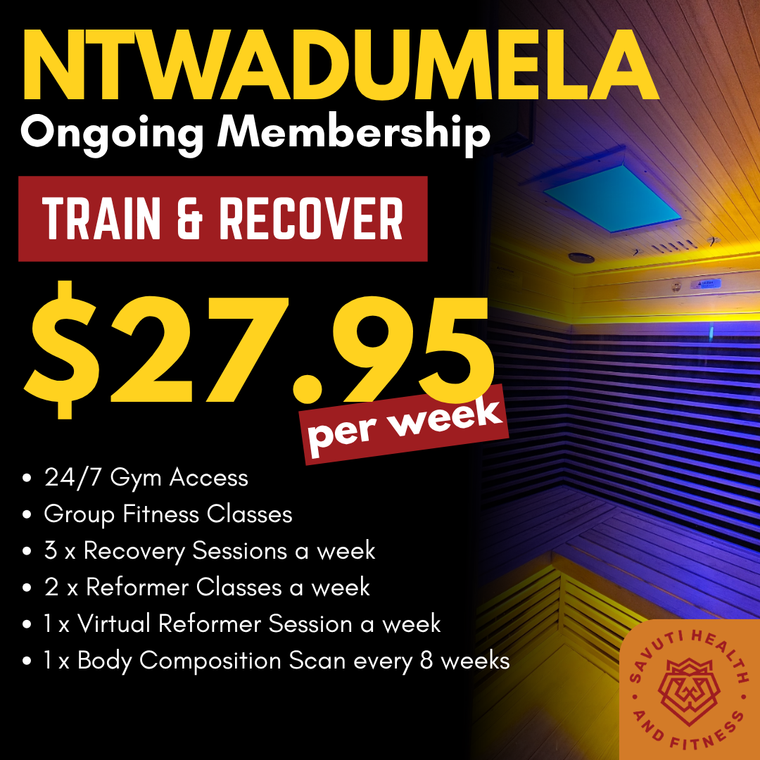 Poster advertising NTWADUMELA ongoing membership for training and recovery at $27.95 per week, featuring gym access, fitness classes, recovery sessions, reformer classes, virtual sessions, and body composition scans.