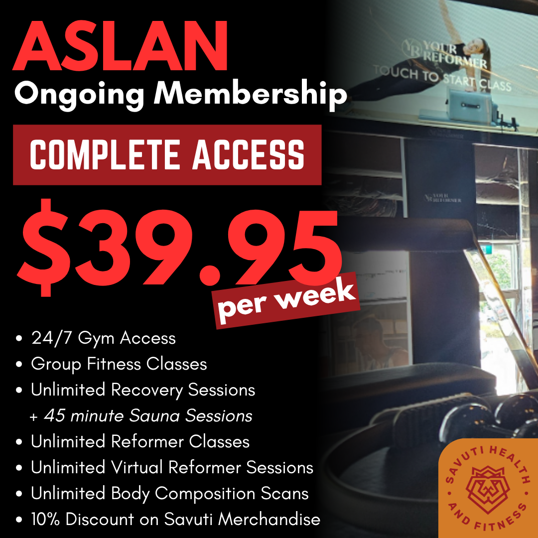 Advertisement for Aslan Gym offering ongoing membership for $39.95 per week, including 24/7 gym access, group fitness classes, unlimited recovery, sauna, reformer sessions, body scans, and merchandise discount.
