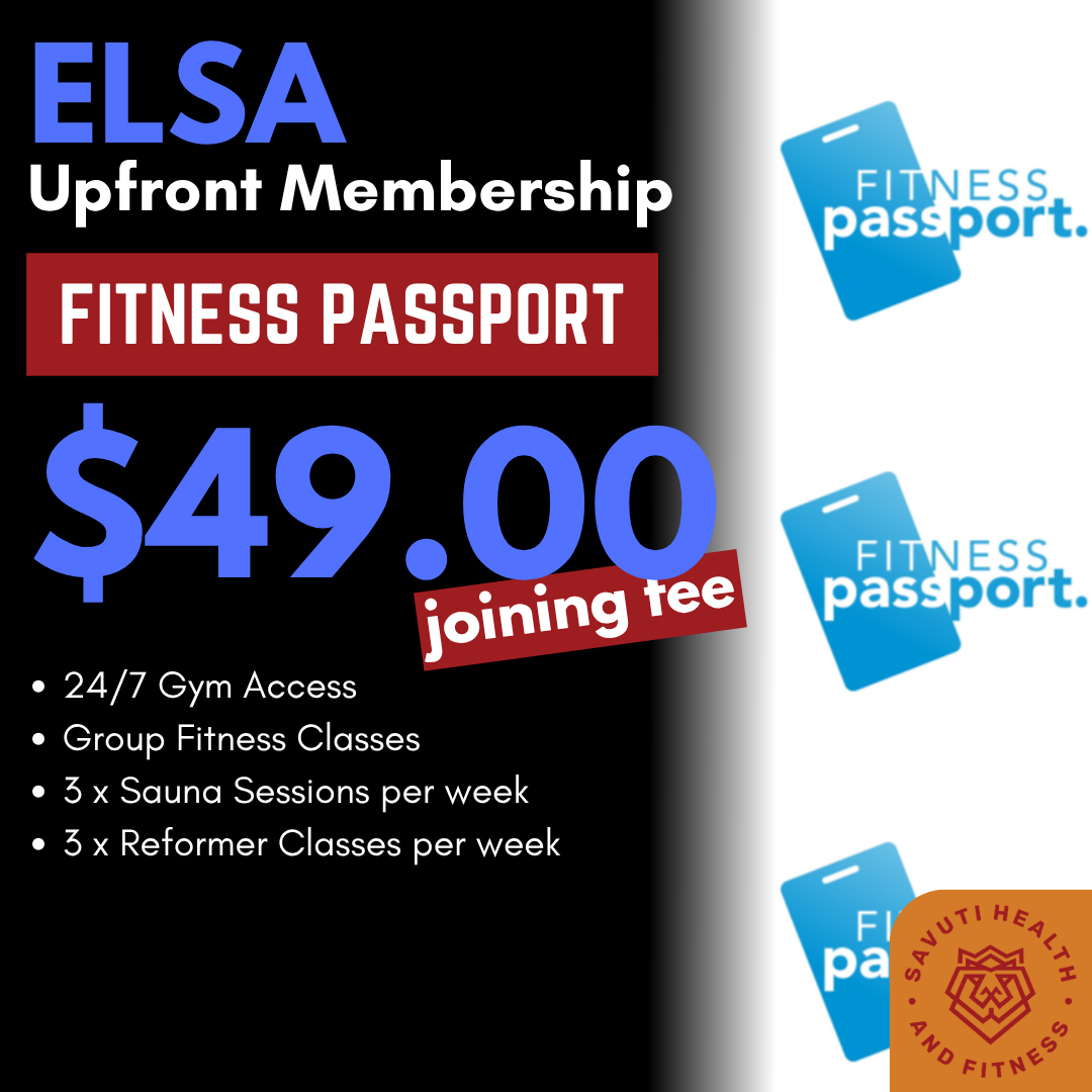 Blue and white graphic with a stylized fitness passport and text that reads 'Fitness Passport. Members Welcome Here!'