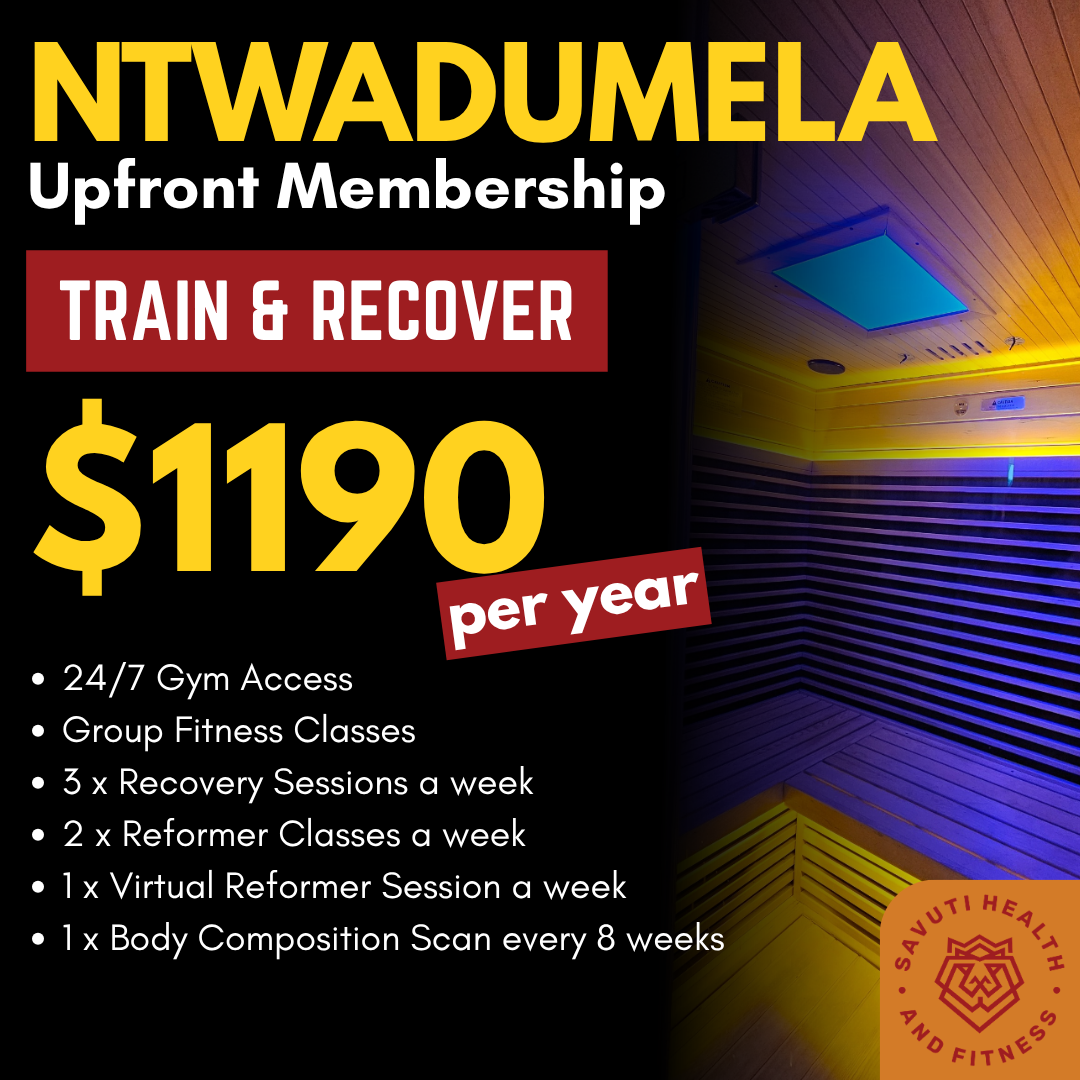 A promotional poster for NTWADUMELA Upfront Membership, featuring pricing at $1190 per year, with benefits such as 24/7 gym access, group fitness classes, recovery sessions, Reformer classes, virtual sessions, and body composition scans, against a background with blue, yellow, and purple lighting.