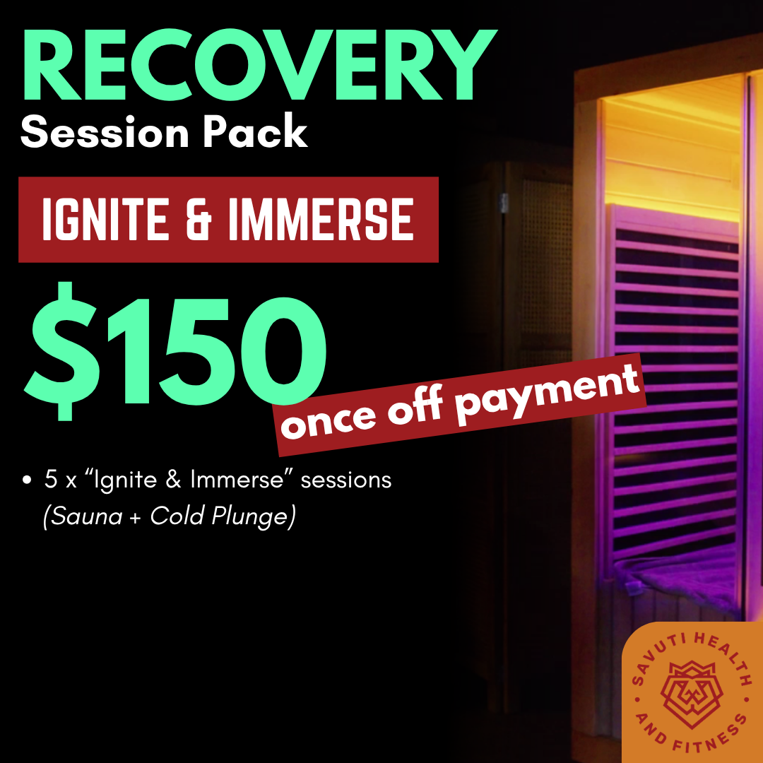Promotion for a recovery session pack at SaLuti Health and Fitness, featuring 5 Ignite & Immerse sessions including sauna and cold plunge, priced at $150 with a once-off payment. The background shows an indoor sauna with purple and yellow lighting.
