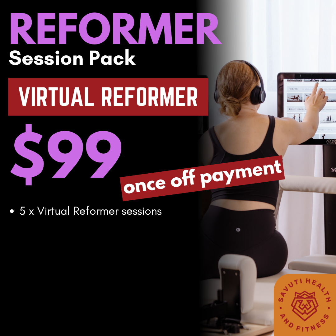 A promotional poster advertising a virtual reformer session pack for $99, including five sessions, with a background photo of a woman doing an exercise on a Pilates reformer machine and wearing headphones.