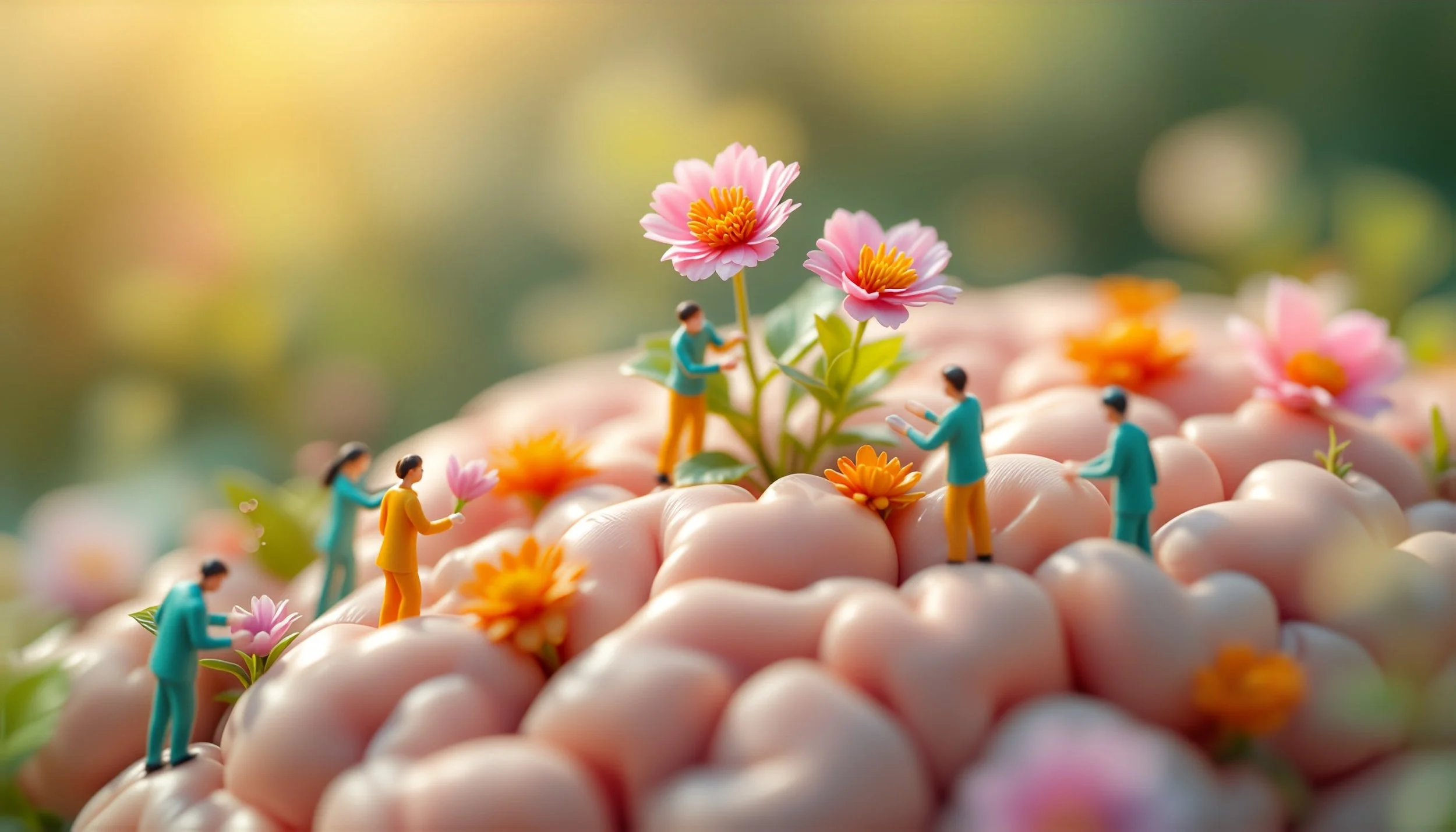 Miniature figurines of people working among pink and orange flowers on a large, textured, white surface with a blurred green and yellow background.