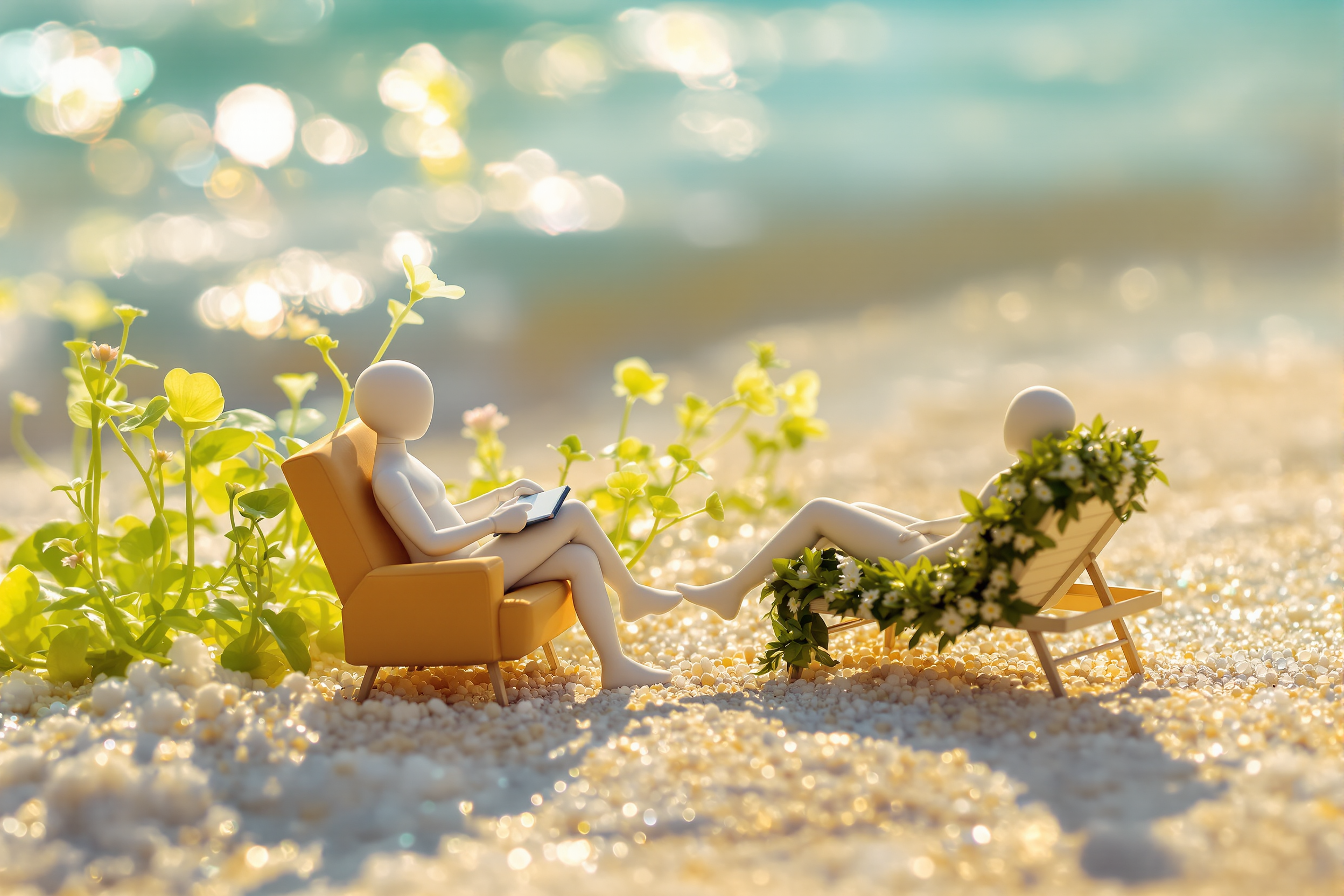 Miniature figurines of two people relaxing on a beach, one reading on an armchair and the other lying on a lounge chair with flowers, surrounded by plants with a blurred water background.