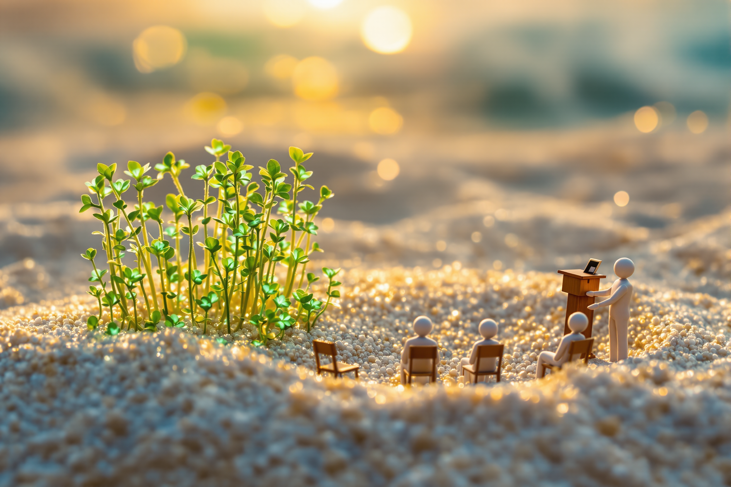 Miniature figurines attending a presentation outdoors on sandy terrain near green plants, with the sun setting in the background.