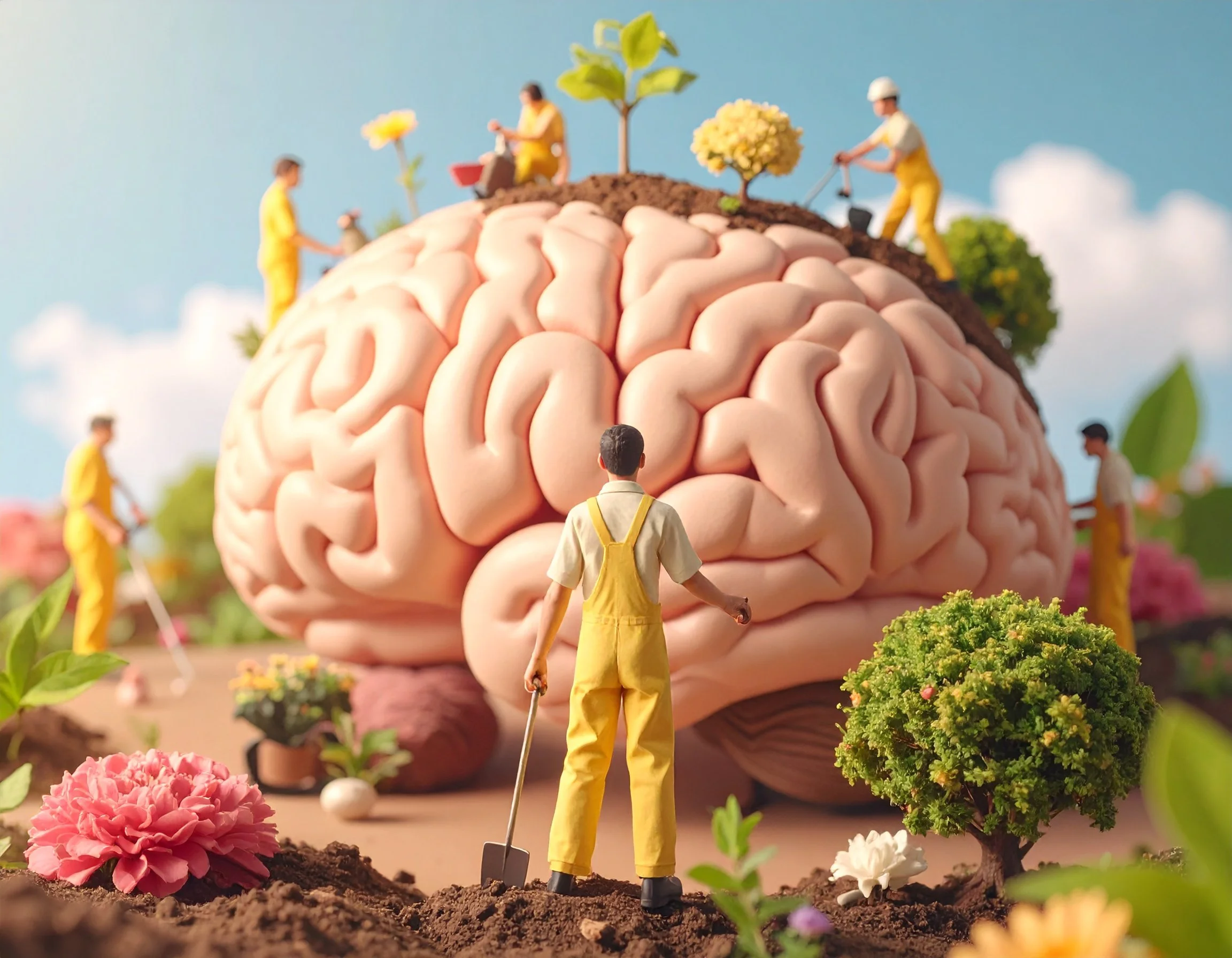 Miniature figurines of people working on a large brain model in a garden-like setting with flowers and plants.