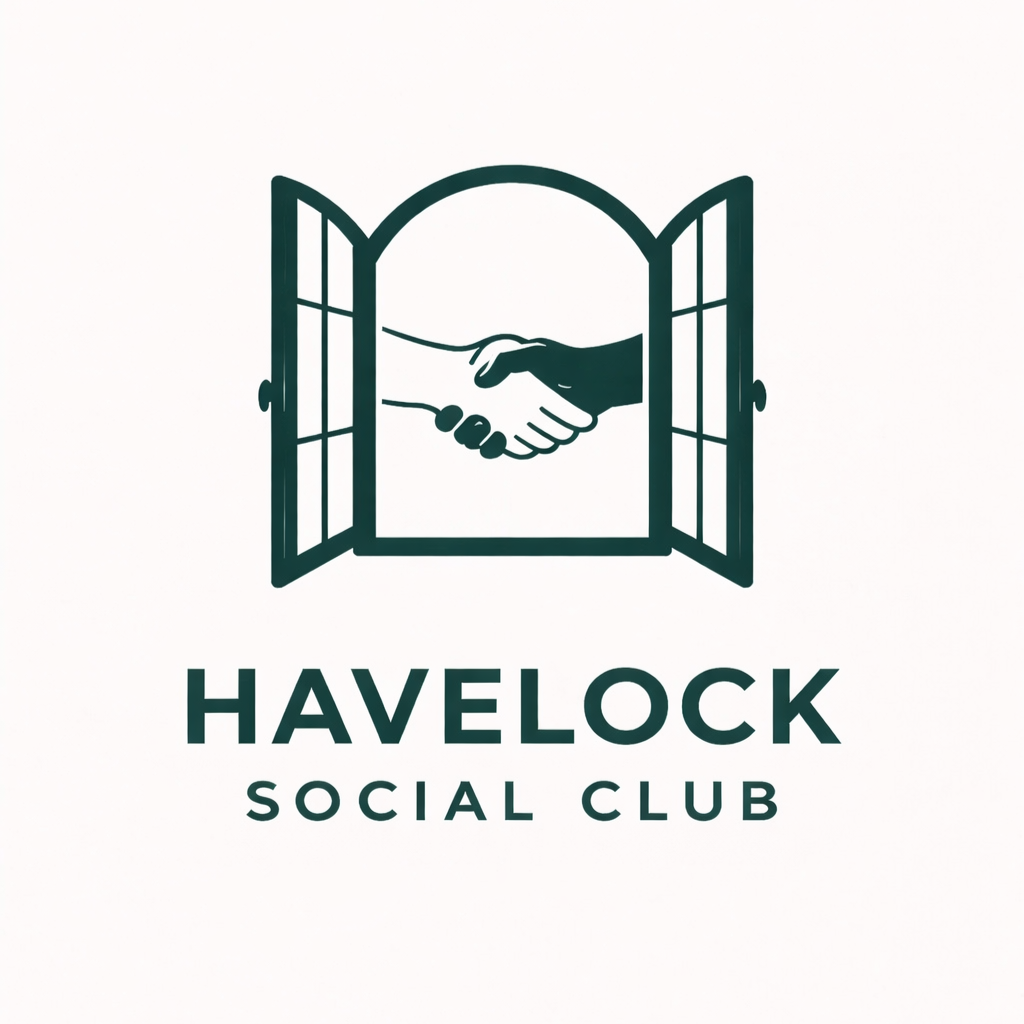 Logo of Havelock Social Club featuring an open window with two hands shaking inside