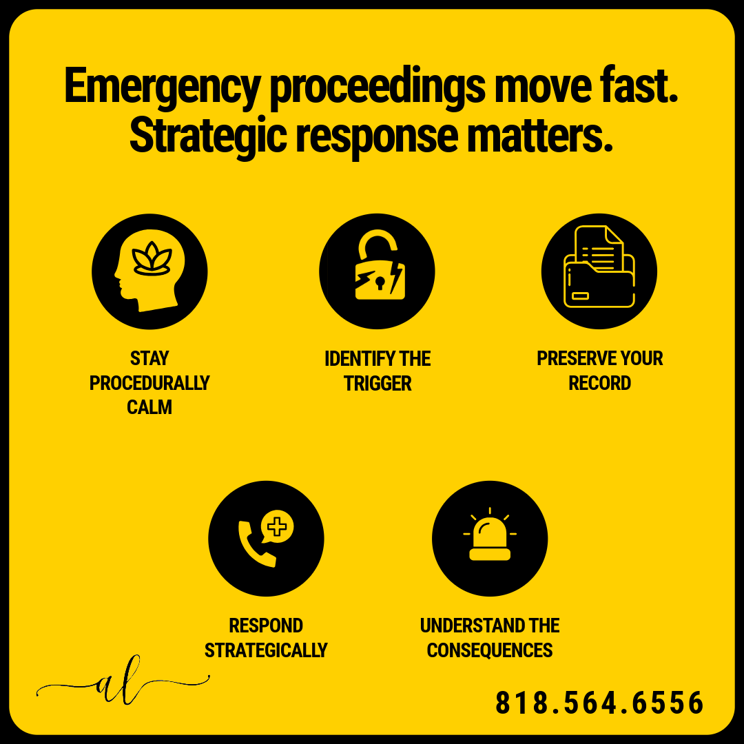Yellow background with black bold text and six black icons with yellow details. The message emphasizes fast emergency procedures, strategic response, staying calm, identifying triggers, recording information, responding strategically, and understanding consequences. Contact number 818.564.6556 is at the bottom.